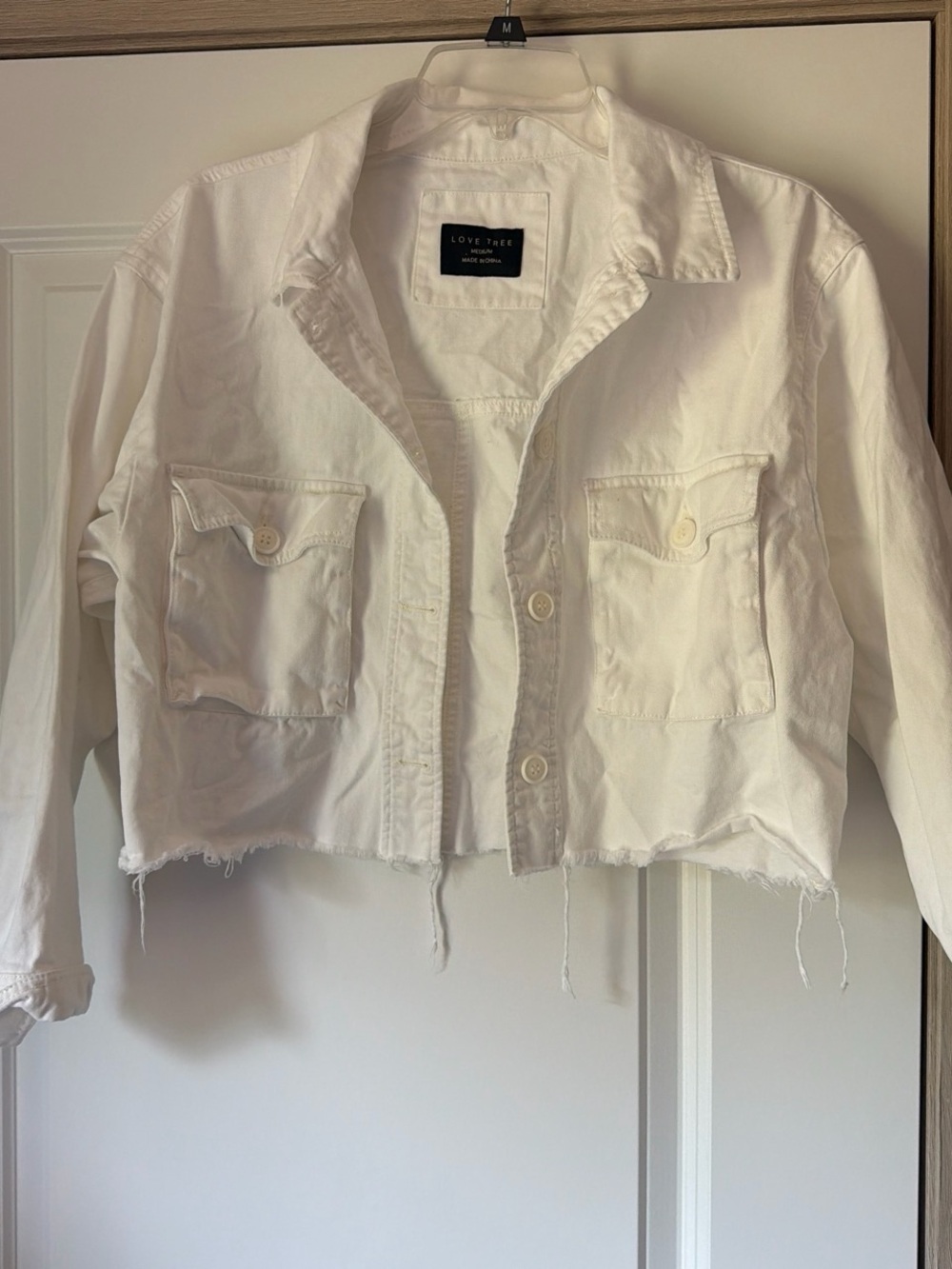 Love Tree White Cropped Raw-Hem Jean Jacket